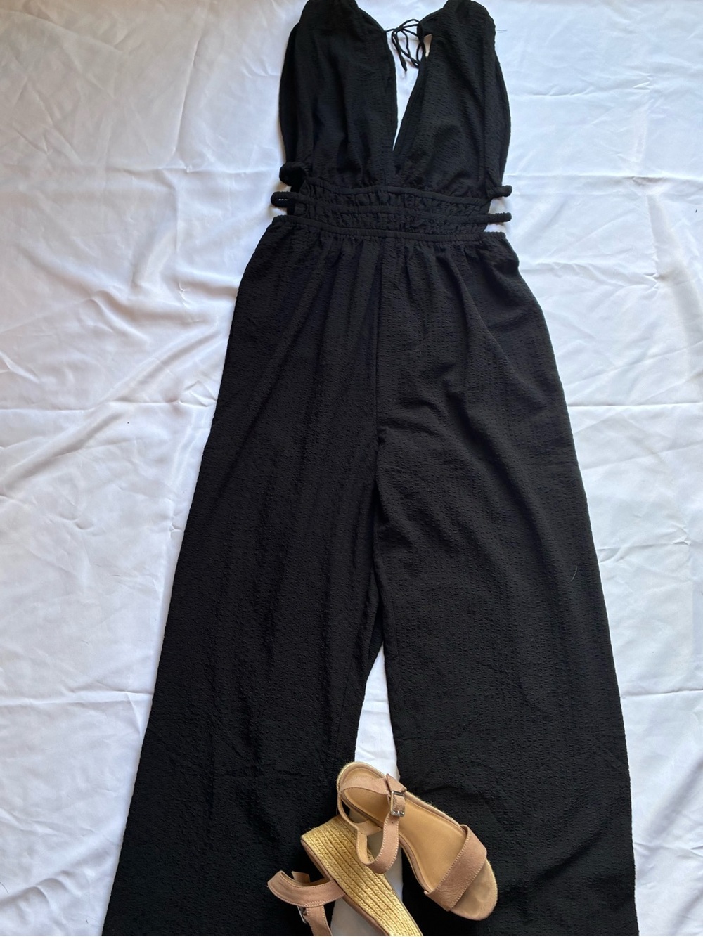 Black V-Neck Wide-Leg Jumpsuit with Smocked Waist - Picture 2 of 6